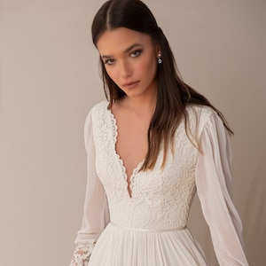 Boho Lace Wedding Dress, Long Sleeve Romantic Wedding Dress, V Neck Wedding Dress, Lace and Chiffon Wedding Dress