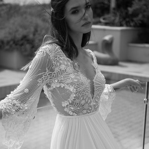 Fairy Wedding Dress Bell Sleeve Boho Wedding Dress Beaded Lace Wedding Dress Lace And Chiffon Wedding Dress 3/4 Sleeve wedding Dress