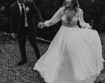 Long Sleeve Wedding Dress, Boho Wedding Dress, Chiffon Wedding Dress, Open Back, Plunging Neckline Wedding Dress