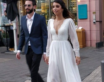 Long Sleeve Wedding Dress Classic Lace Wedding Dress Boho Wedding Dress Chiffon Wedding Dress Open Back Plunging Neckline Wedding Dress