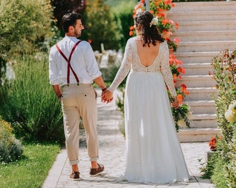 Long Lace Sleeve Boho Wedding Dress, Backless Wedding Dress, Lace and Chiffon Wedding Dress, Romantic Wedding Dress