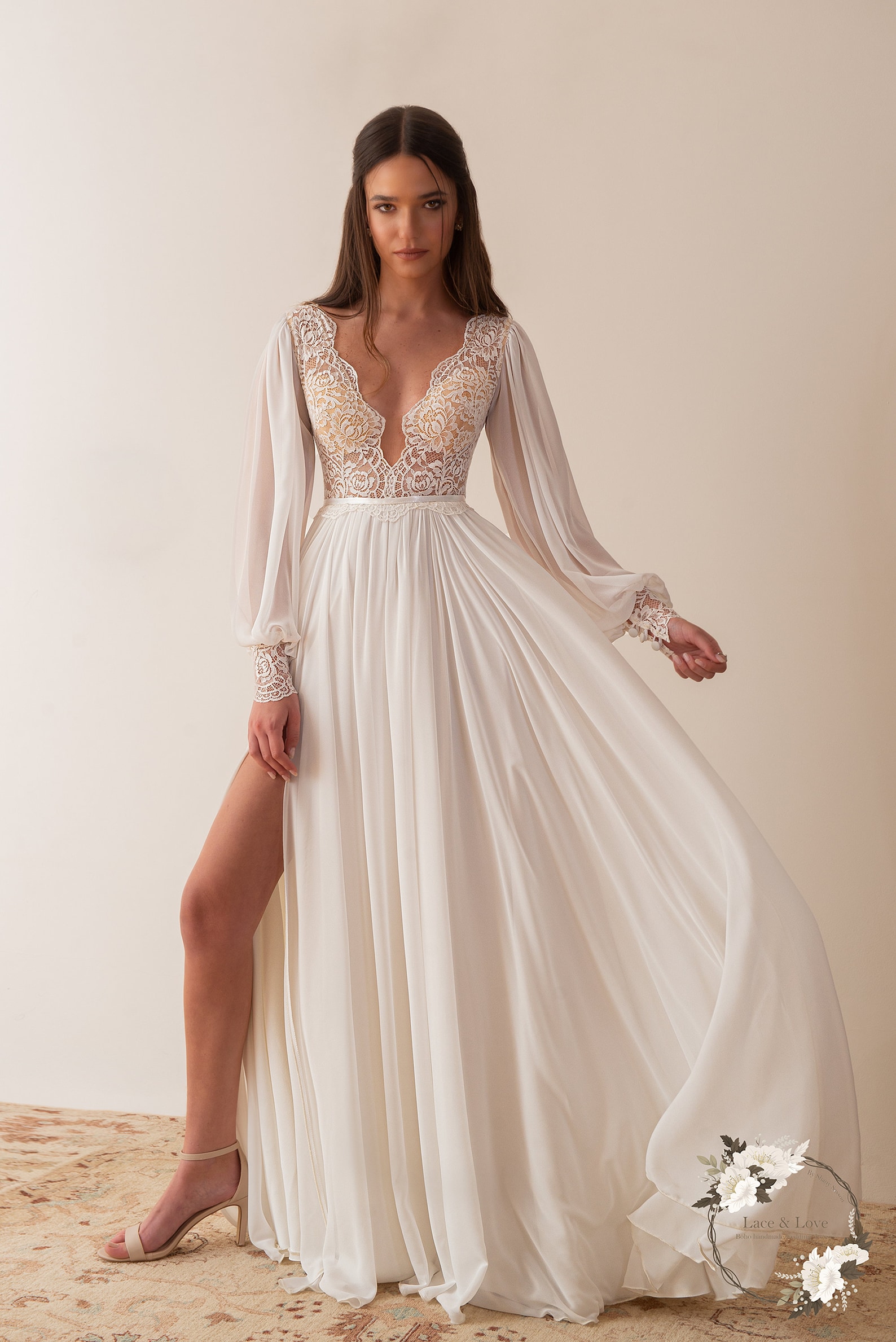 Classic Wedding Dress Long Sleeve Wedding Dress Chiffon - Etsy