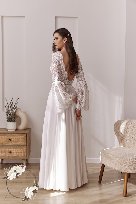 Long Sleeves Boho Wedding Dress, Flowy Chiffon Bridal Gown, Boho Lace and Chiffon Wedding Dress, Romantic Lace Bridal gown