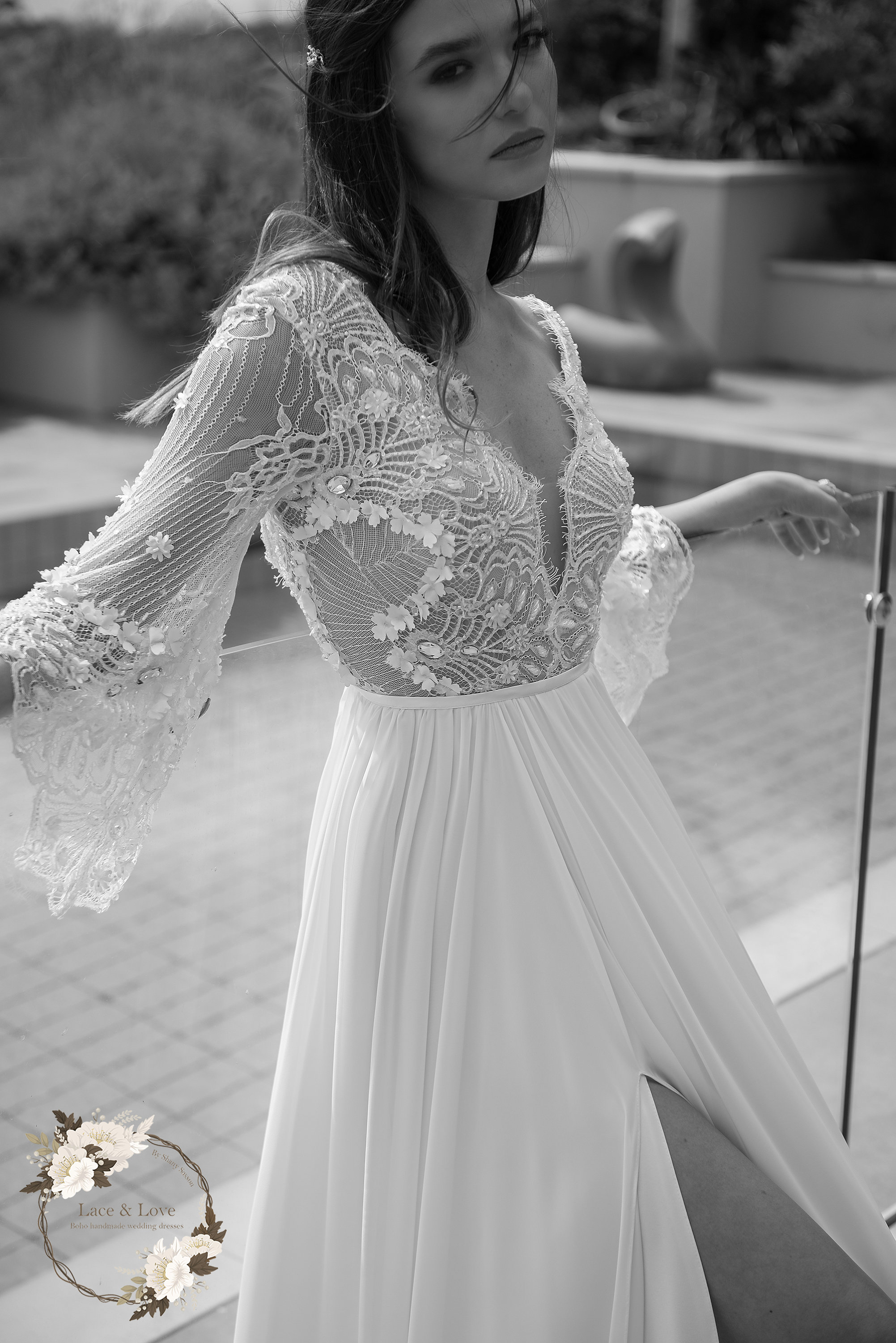 knee length dresses for ladies Vintage Beaded Lace Wedding Gown with Long Sleeves 67258 – Viniodress main image 1