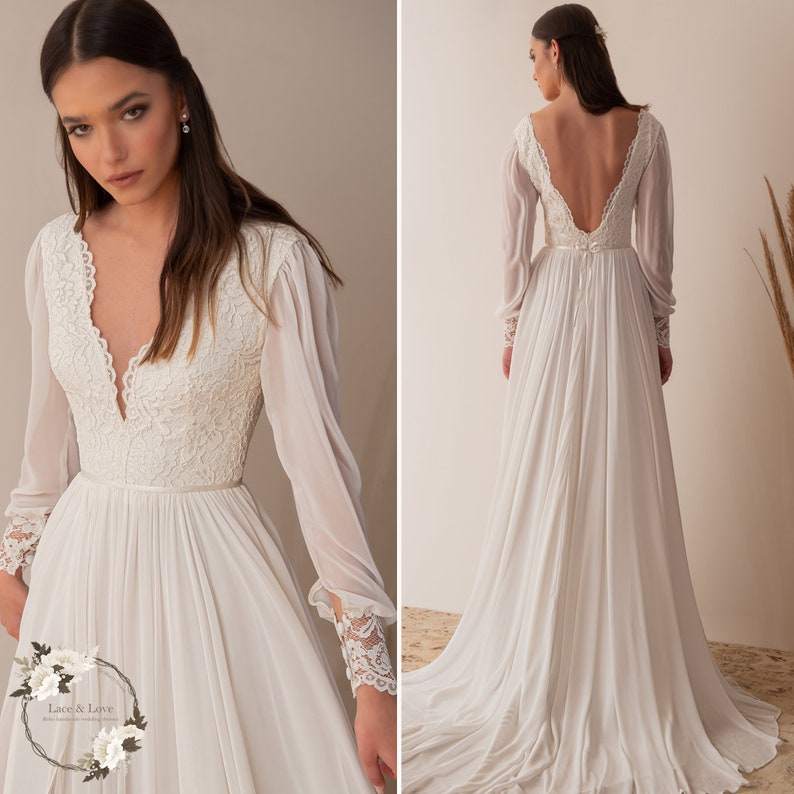 Boho Lace Wedding Dress, Long Sleeve Romantic Wedding Dress, V Neck Wedding Dress, Lace and Chiffon Wedding Dress image 6