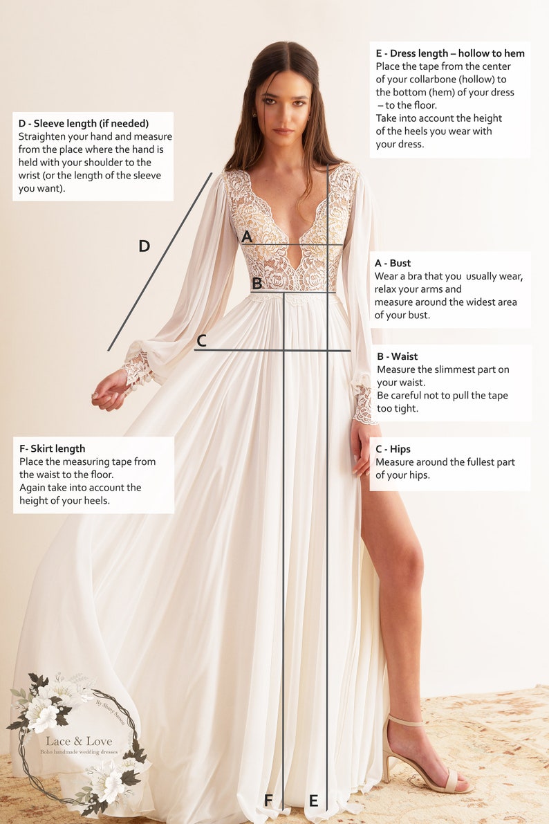 Puede incluir: Diagrama que muestra c&oacute;mo tomar medidas para un vestido de novia. El diagrama muestra a una mujer con un vestido de novia de encaje blanco de manga larga. Las medidas incluyen el busto, la cintura, las caderas, la longitud de la manga, la longitud del vestido y la longitud de la falda.