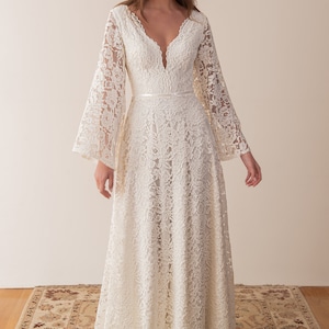 Long Sleeve Lace Wedding Dress, Boho Lace Bell Sleeve Wedding Dress, Destination Wedding Dress, Plunging Neckline Wedding Dress