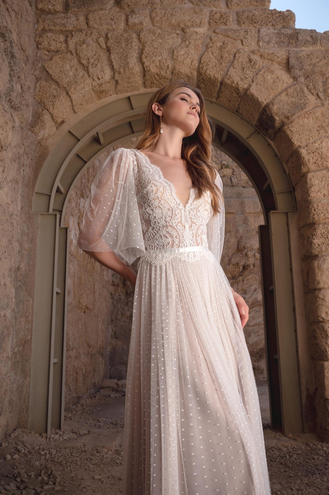 bohemian fairy wedding dress V Neck Boho Dress, Short Sleeve, Flutter Sleeve Wedding Dress, Garden Wedding Dress, Delicate Boho Wedding Sequin Dresses | Embellished WGD-1571 transparent body Size:AU 16 (US 12)