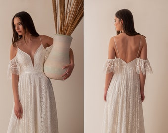 Beach Wedding Dress Boho Lace Wedding Dress Short Sleeve Wedding Dress Fit and Flare Wedding Dress Vintage Lace Wedding Dress