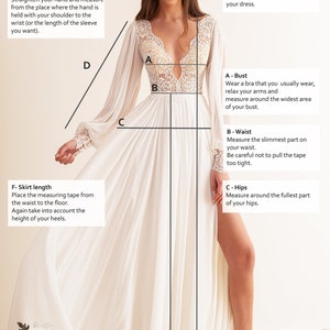 May include: Diagram showing how to measure for a wedding dress. The diagram shows a woman wearing a white lace wedding dress with long sleeves. The measurements include bust, waist, hips, sleeve length, dress length, and skirt length.