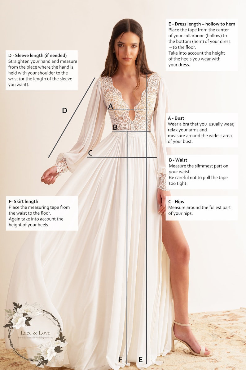 May include: Diagram showing how to measure for a wedding dress. The diagram shows a woman wearing a white lace wedding dress with long sleeves. The measurements include bust, waist, hips, sleeve length, dress length, and skirt length.