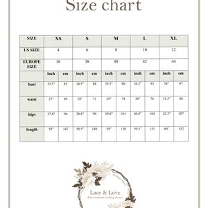 May include: Size chart for a dress with measurements in inches and centimeters. The chart includes sizes XS through XL, with corresponding US and European sizes. Measurements are provided for bust, waist, hips, and length.