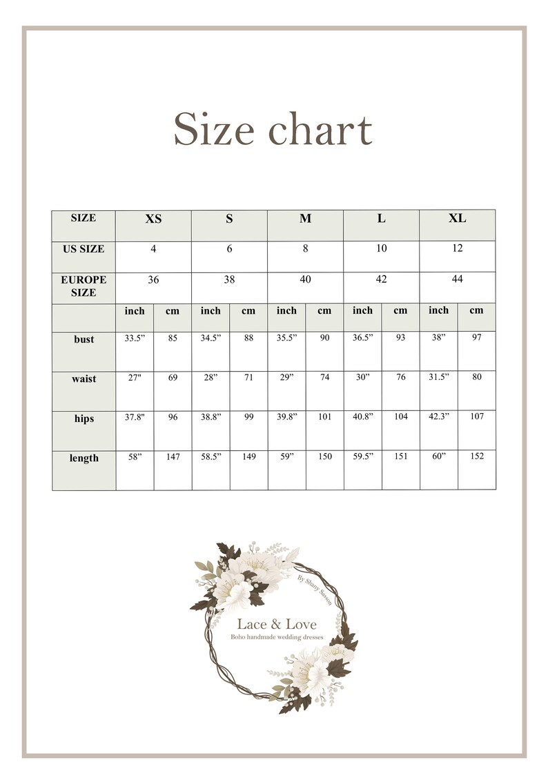 May include: Size chart for a dress with measurements in inches and centimeters. The chart includes sizes XS through XL, with corresponding US and European sizes. Measurements are provided for bust, waist, hips, and length.