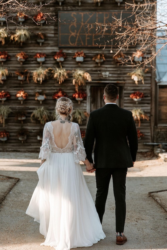 Romantic Beaded Lace Wedding Dress, Boho Flutter Sleeve Wedding Dress, Bohemian Wedding Dress , Bell Sleeve Wedding Dresses