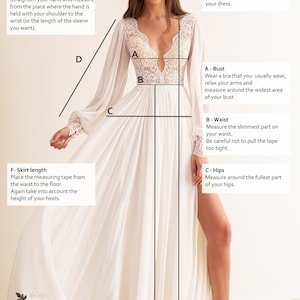 May include: Diagram showing how to measure for a wedding dress. The diagram shows a woman wearing a white lace wedding dress with long sleeves. The measurements include bust, waist, hips, sleeve length, dress length, and skirt length.