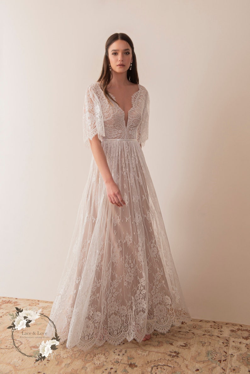 Short Sleeve Wedding Dress, Flutter Sleeve Boho Wedding Dress, Garden Wedding Dress, Short Sleeve Wedding Dress image 1