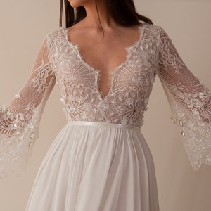 Bohemian Lace Flutter Sleeves Tiered A-Line Wedding Dress