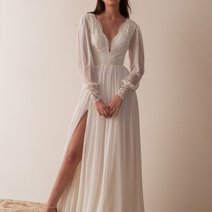 Boho Lace Wedding Dress, Long Sleeve Romantic Wedding Dress, V Neck Wedding Dress, Lace and Chiffon Wedding Dress image 2