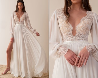 Wedding Dress Long Sleeve Boho Wedding Dress Classic Backless Wedding Dress Lace and Chiffon Wedding Dress Plunging Neckline Wedding Dress