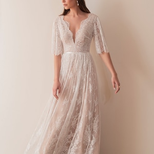 Short Sleeve Wedding Dress, Flutter Sleeve Boho Wedding Dress, Garden Wedding Dress, Short Sleeve Wedding Dress image 3