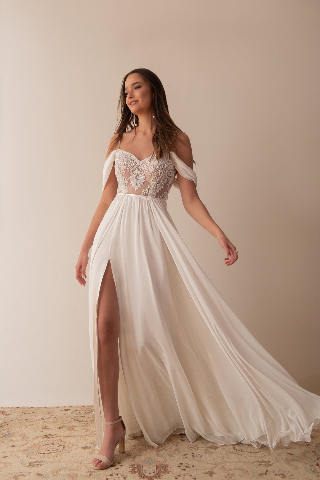 Beach Wedding Dress, Boho High Slit Wedding Dress, Lace Top