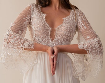 Flutter Sleeve, Beaded Lace Wedding Dress, Boho Wedding Dress, Bohemian Wedding , Bell Sleeve, Wedding Dresses, Sexy Wedding Dress