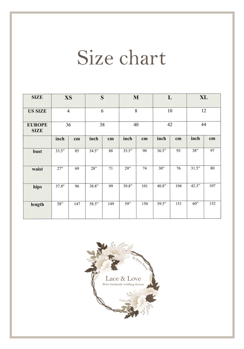 May include: Size chart for a dress with measurements in inches and centimeters. The chart includes sizes XS through XL, with corresponding US and European sizes. Measurements are provided for bust, waist, hips, and length.