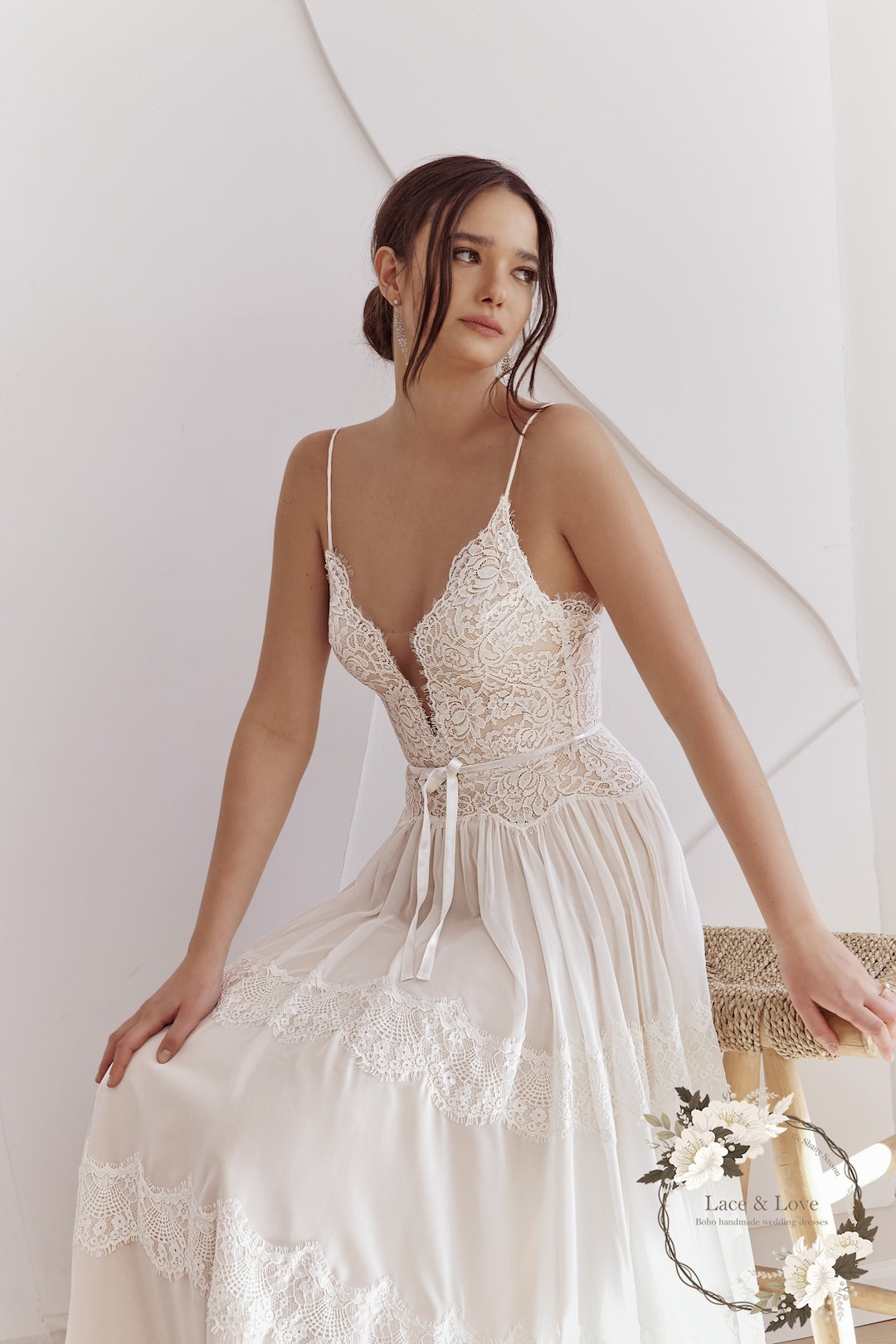 Vestido de novia bohemio de encaje, vestido de novia de gasa y encaje,  vestido de novia para jardín, vestido de novia para una escapada, vestido  de