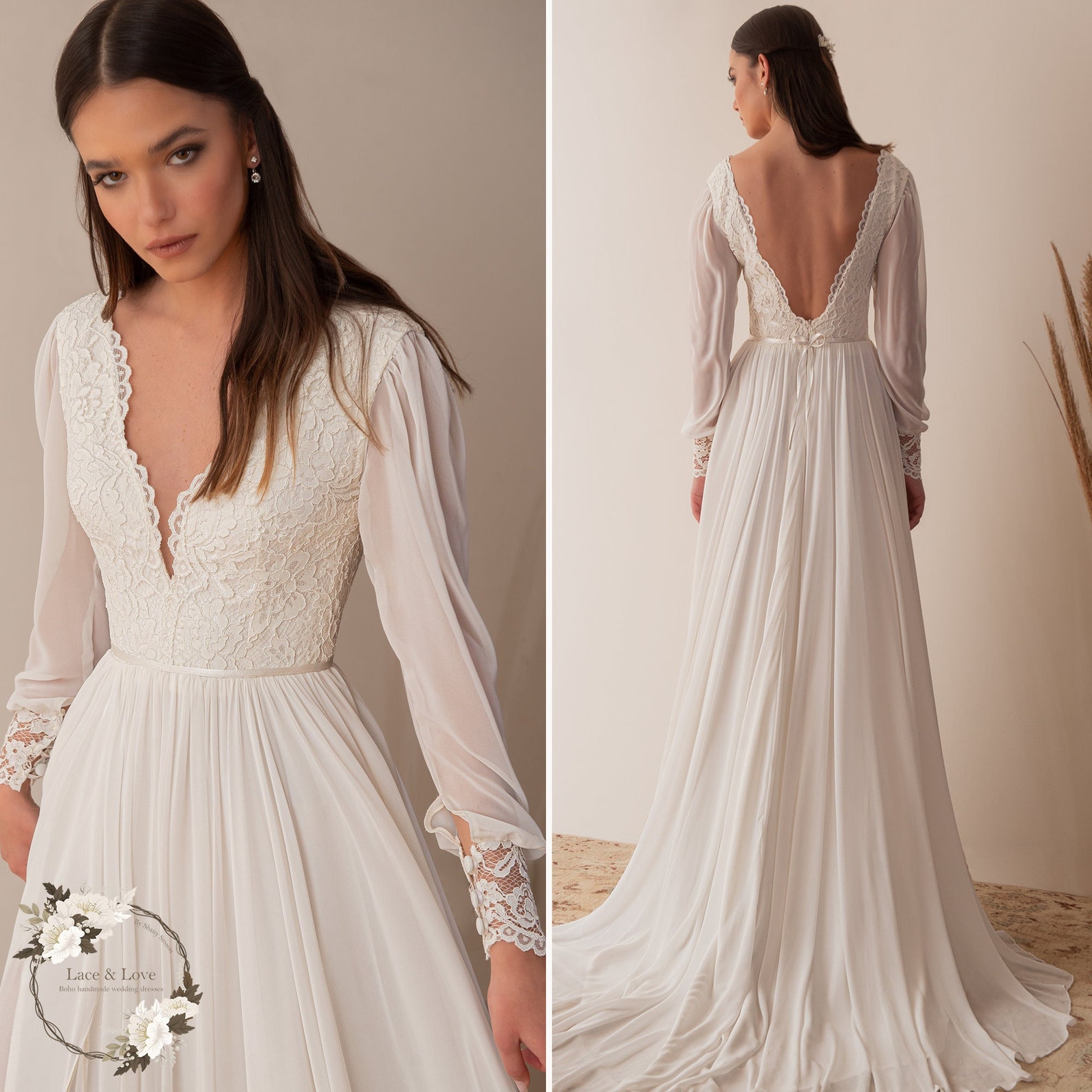 Boho Lace Wedding Dress Long Sleeve Romantic Wedding Dress V - Etsy