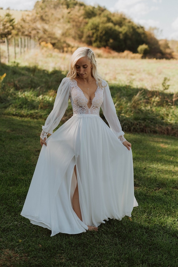 Classic Wedding Dress, Long Sleeve Wedding Dress, Chiffon Wedding Dress, Boho Wedding Dress, Open Back, Plunging Neckline Dress