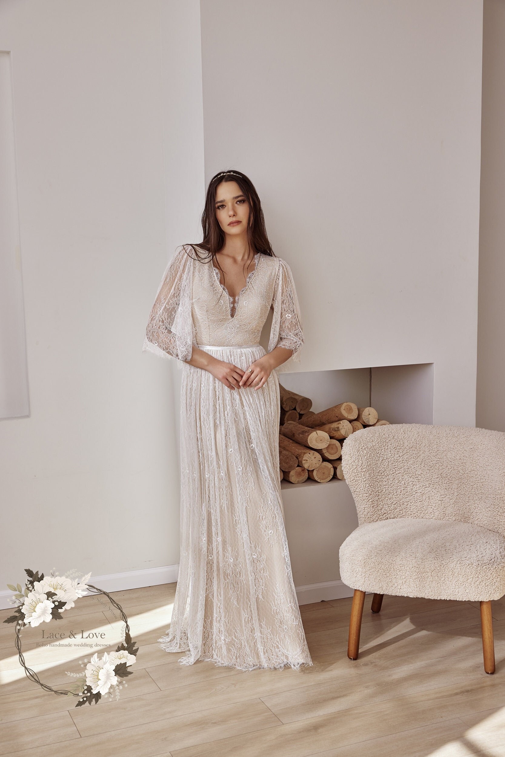Short Sleeve Lace Wedding Dress, Deep V Boho Lace Bridal Gown, Garden Lace Wedding Dress, Open Back Lace Wedding Dress, Barn Wedding Dress Short Sleeve Lace Wedding Dress, Deep V Boho Lace Bridal Gown, Garden Lace Wedding Dress, Open Back Lace Wedding Dress, Barn Wedding Dress