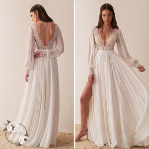 Long Sleeve Boho Wedding Dress, Classic Backless Wedding Dress, Lace and Chiffon Wedding Dress, Plunging Neckline Wedding Dress