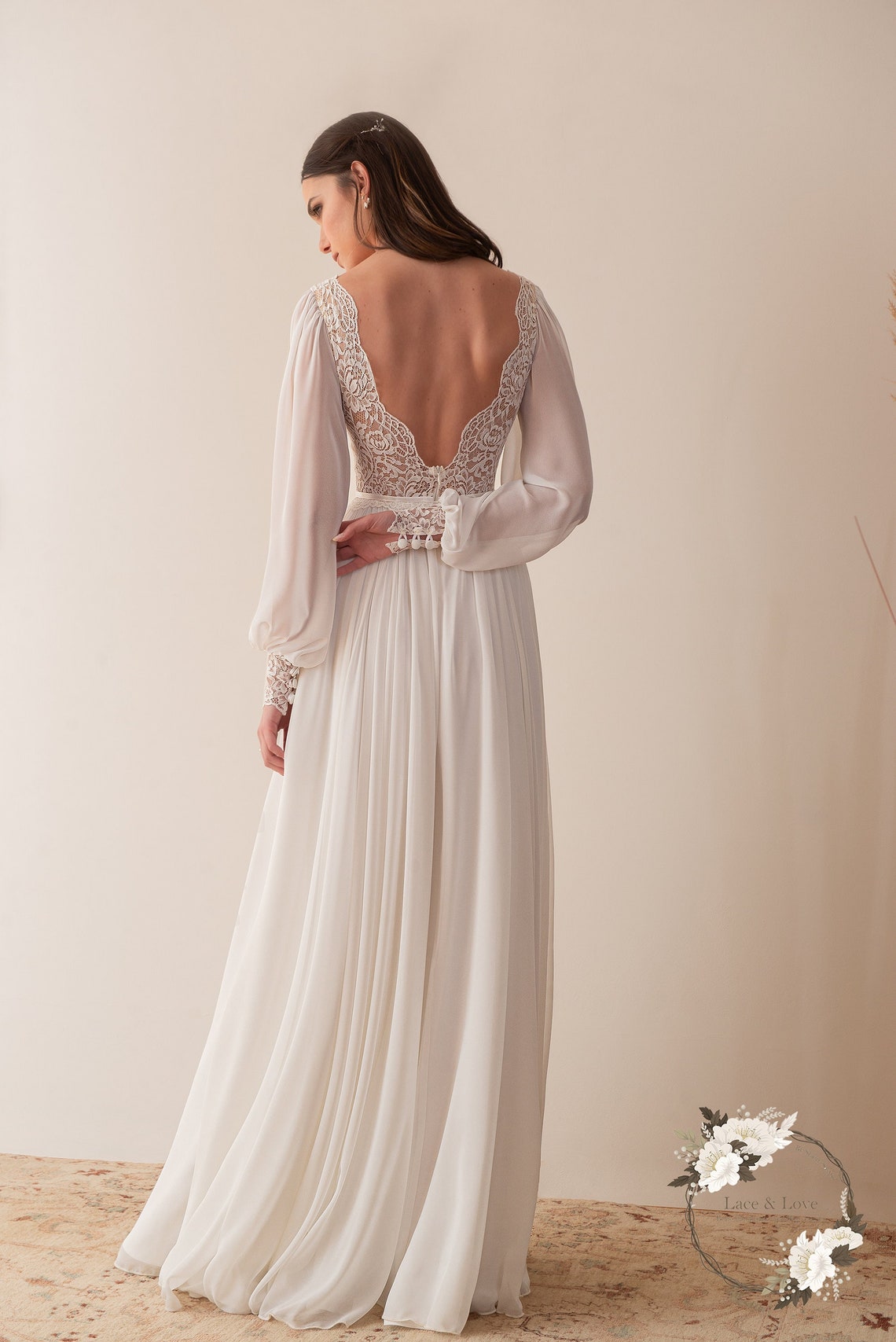 Classic Wedding Dress Long Sleeve Wedding Dress Chiffon image 1