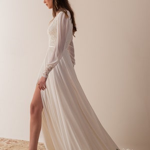 Boho Lace Wedding Dress, Long Sleeve Romantic Wedding Dress, V Neck Wedding Dress, Lace and Chiffon Wedding Dress image 4
