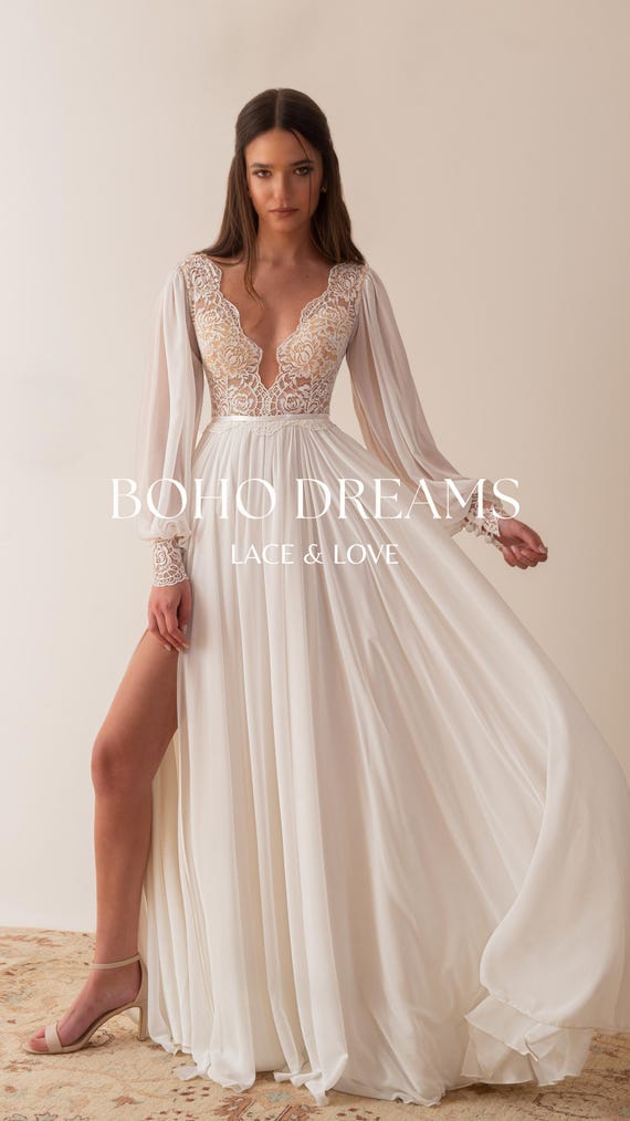 knee length dresses for ladies Ombre Wedding Dresses V-neck Aline Romantic Long Sleeve Two Piece Brid –  Anna PromDress main image 0