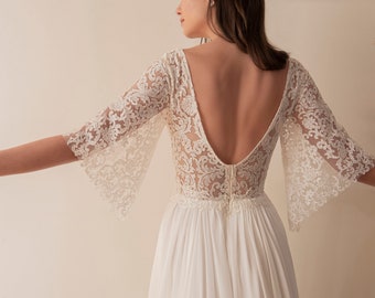 Lace and Chiffon Boho Wedding Dress, Bell Sleeve Boho Lace Wedding Dress, V Neck Boho Wedding Dress, Bohemian Bridal Gown with a Long Train