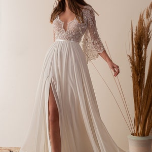 Flutter Sleeve Lace Chiffon Boho A-line Summer Nude Wedding Dress