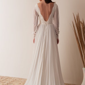 Boho Lace Wedding Dress, Long Sleeve Romantic Wedding Dress, V Neck Wedding Dress, Lace and Chiffon Wedding Dress image 5