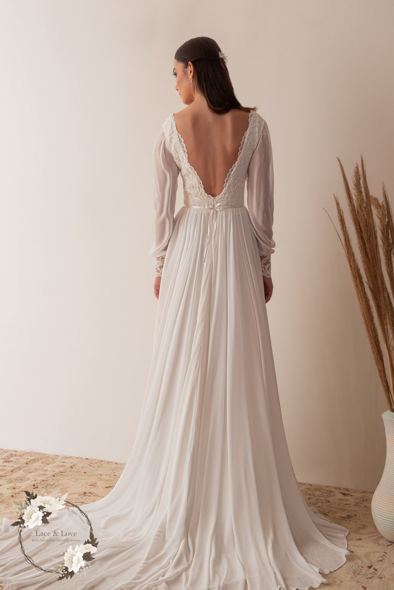 Boho Lace Wedding Dress, Long Sleeve Romantic Wedding Dress, V Neck Wedding Dress, Lace and Chiffon Wedding Dress image 5