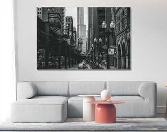 Impresión de Chicago, lienzo de Chicago, arte de la pared de Chicago, impresión en blanco y negro, foto de Chicago, regalo de Chicago, impresión de la foto del centro de Chicago