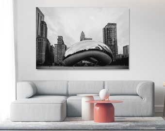 Chicago Print, Chicago Wall Art, Metal Print, Black and White Canvas Print, Chicago Bean Art, Chicago Gift, Chicago Home Office Decor