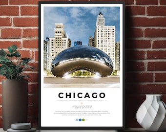 Chicago Print, Chicago Poster, Chicago Bean art, Cloud Gate Print, Downtown Chicago Poster Print, Chicago Travel Poster, Chicago Gift