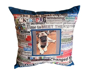 Bark & wag pug pillow, pet lovers, dog pillows, costum picture, costum text, personalized pillow, friendship gift, doggy lover gift, usa mad