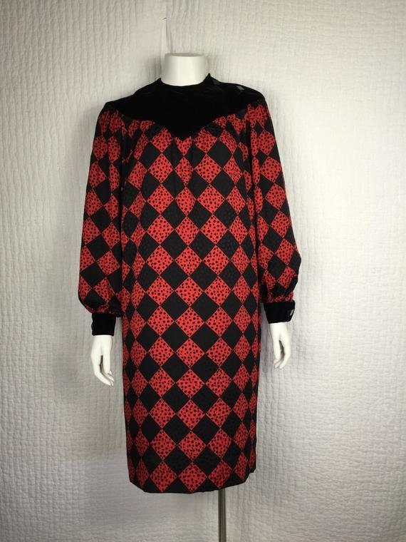 Vtg 80s silk velvet Givenchy red polka dot harlequ
