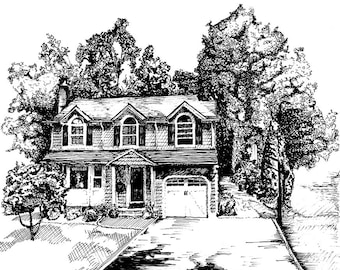 Custom House Portrait Drawing of your home in ink, Black and white, Original Artwork, Personalized Home Portrait