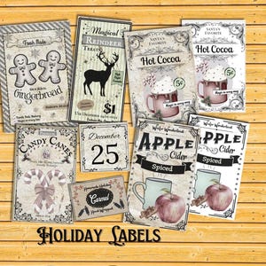May include: A set of vintage-style holiday labels featuring illustrations of gingerbread people, reindeer, hot cocoa, candy canes, apple cider, and a Christmas countdown. The labels are printed on a white background with black and brown text and accents.