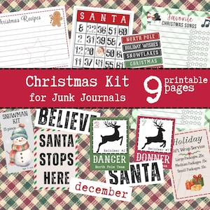 May include: A printable Christmas kit for junk journals containing nine pages of festive ephemera. The collection features recipe cards, a Santa bingo card, song lists, snowman kit labels, reindeer tags, and holiday gift wrap service signs.