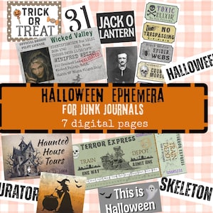 May include: A collection of Halloween-themed paper ephemera for junk journals, featuring various printed cards, labels, and tickets with text including Trick or Treat, Wicked Valley, Terror Express, and Halloween Ephemera for Junk Journals.
