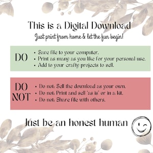 Puede incluir: Gr&aacute;fico de descarga digital con el texto "This is a Digital Download". La imagen incluye instrucciones sobre lo que puede y no puede hacer con la descarga, como imprimir para uso personal y agregar a proyectos artesanales.