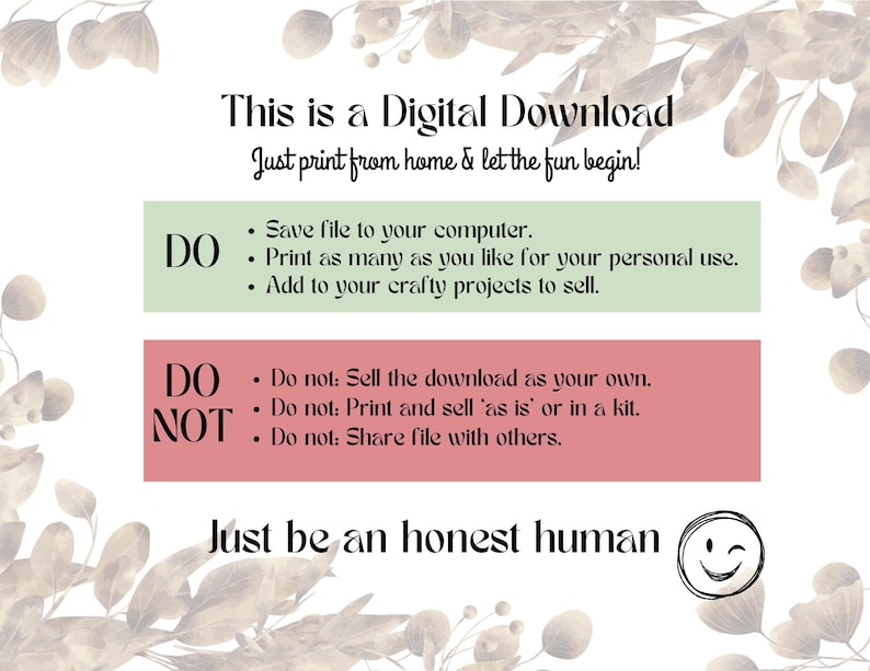 Puede incluir: Gr&aacute;fico de descarga digital con el texto "This is a Digital Download". La imagen incluye instrucciones sobre lo que puede y no puede hacer con la descarga, como imprimir para uso personal y agregar a proyectos artesanales.